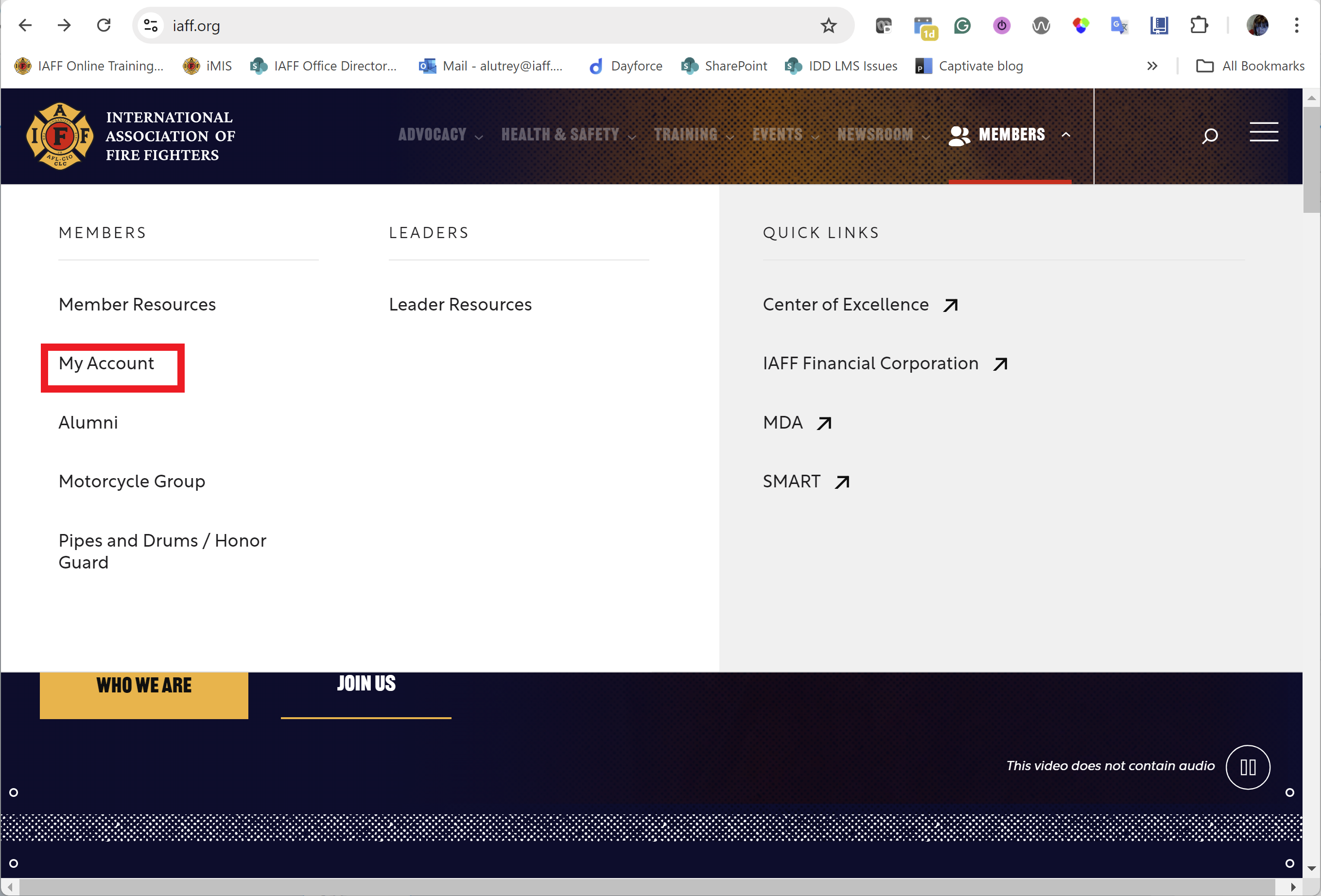 In the member section of the IAFF member website, select Account to access your online and in-person training certificates.