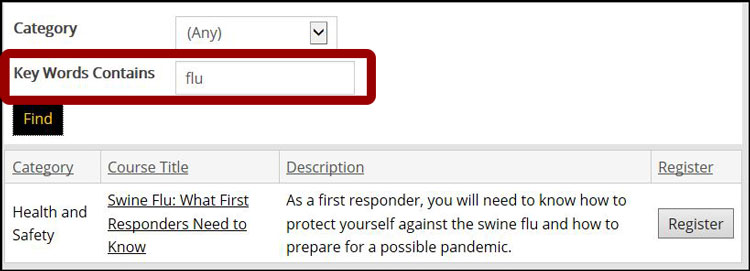 Example of using the key words to filter the course catalog. In this example the word flu was used and the Swine Flu course was found.