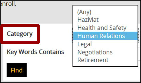 The drop-down menu for the category filter on the course catalog.