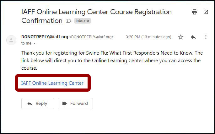 Example of the registration confirmation including the link to the Online Learning Center.