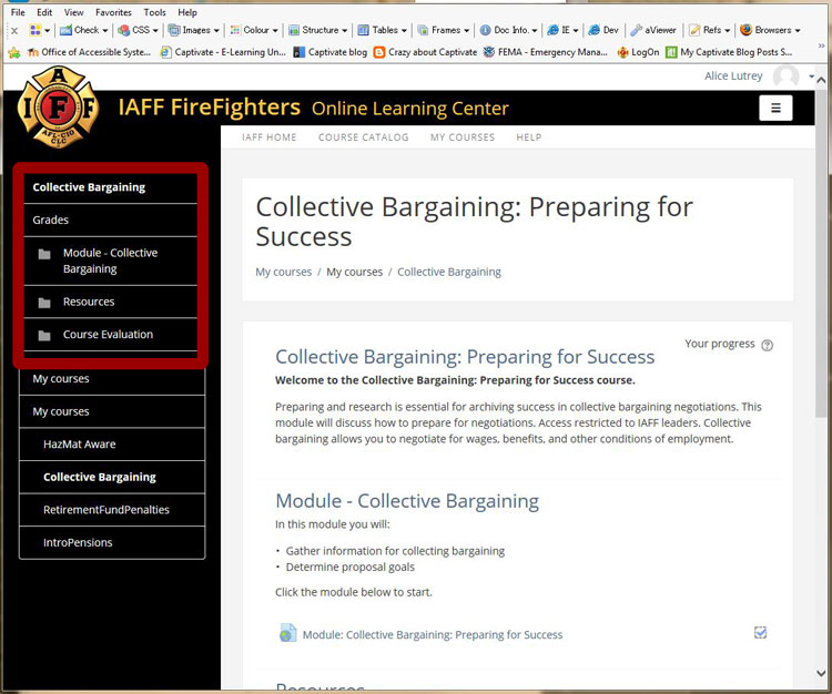 Side navigation as seen on a specific course page. 