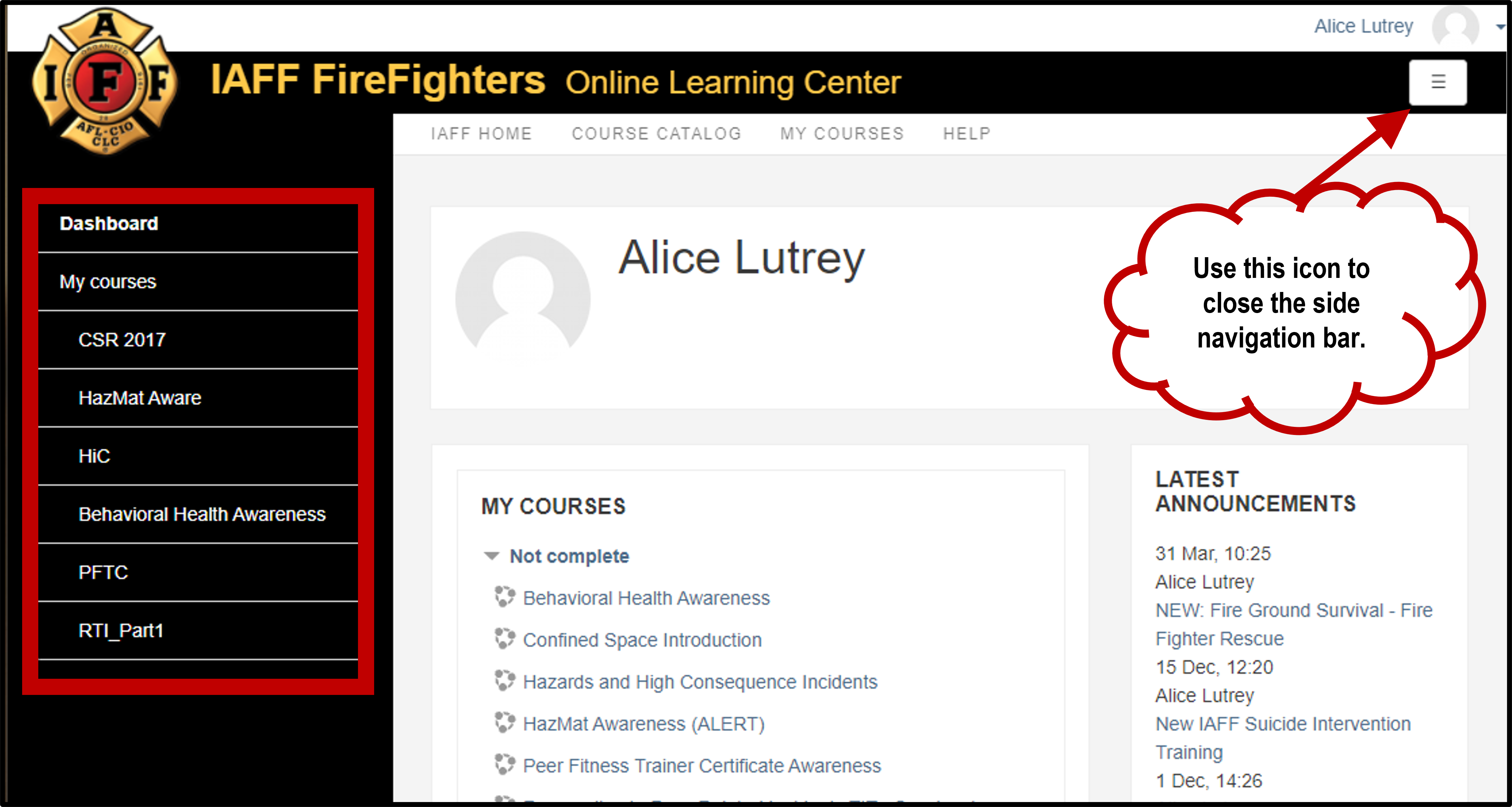 Side navigation and toggle navigation button highlighted.