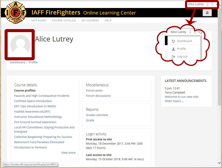 User profile page and drop down menu.