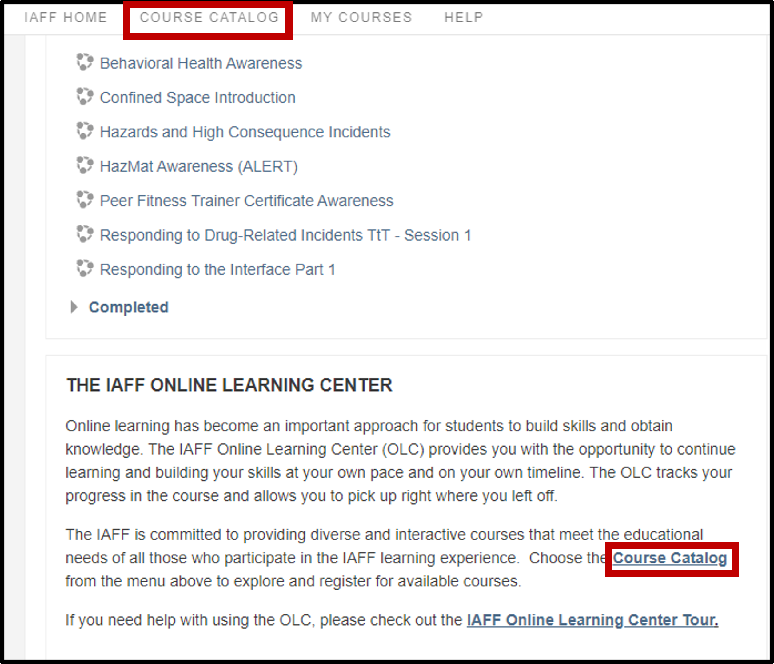 Welcome message and course catalog button.
