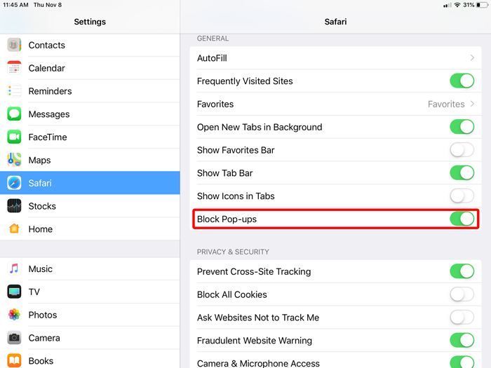 Enable and disable pop-up blocker in iPad on Safari.